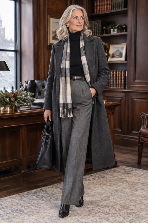 Classic Gray Coat Outfit A woman wears a long charcoal coat over a black turtleneck and gray trousers, styled with a checked scarf, black tote, and ankle boots.