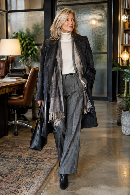 Classic Gray Layered Outfit A cream turtleneck and gray trousers layered with a dark coat and fringed gray scarf, paired with black boots and a black tote.