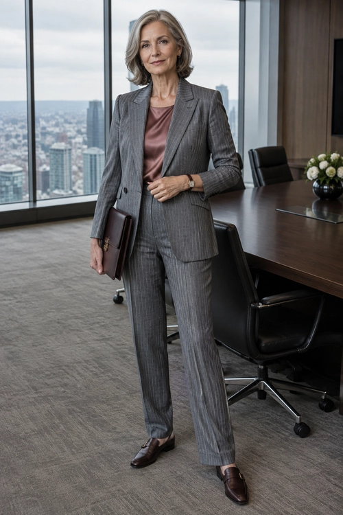 Gray Pinstripe Suit A woman wears a gray pinstripe suit with a muted mauve top, dark brown shoes, and a brown leather folder.