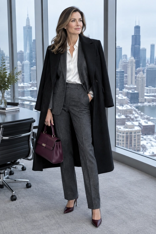 Tailored Gray Suit with Black Coat A white blouse and charcoal gray suit are layered under a long black coat, with burgundy heels and a matching handbag.