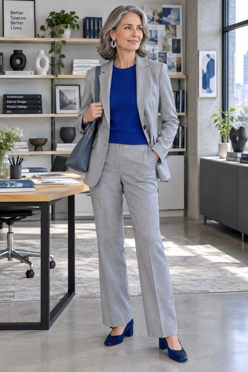 A woman wears a light gray blazer and matching trousers with a bright blue top, blue pumps, a gray tote, and silver-tone earrings.