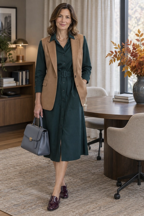 A dark green belted shirt dress is layered with a camel sleeveless vest and paired with burgundy loafers and a gray handbag.