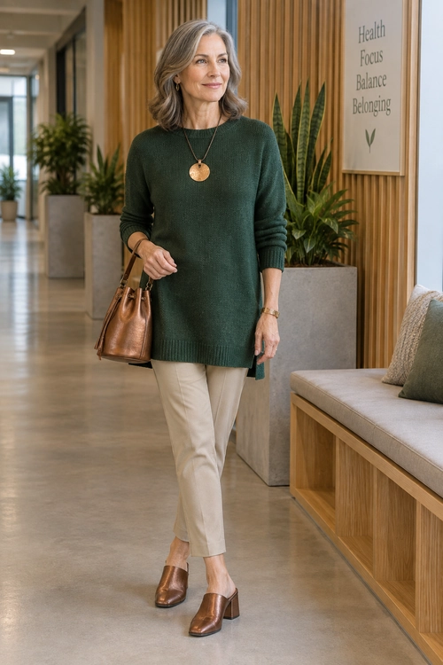 Green Sweater and Beige Trousers A dark green knit sweater is paired with beige trousers, brown block-heel shoes, a brown handbag, and gold jewelry.