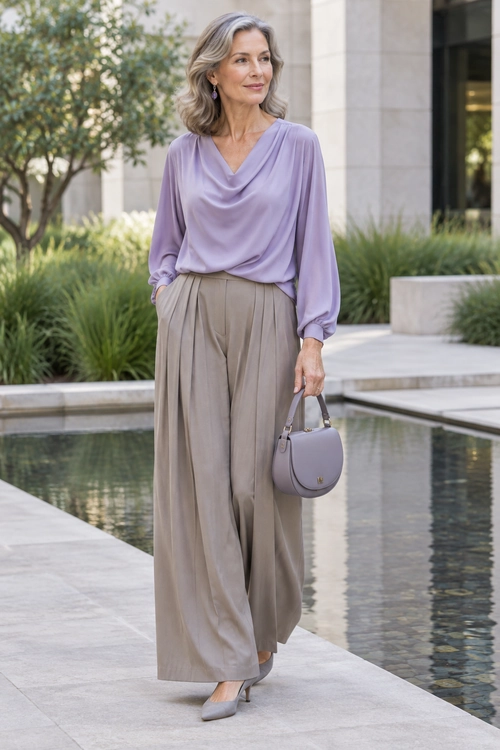 Lavender Blouse and Wide-Leg Trousers A draped lavender blouse is paired with taupe wide-leg trousers, pointed heels, drop earrings, and a small lavender handbag.