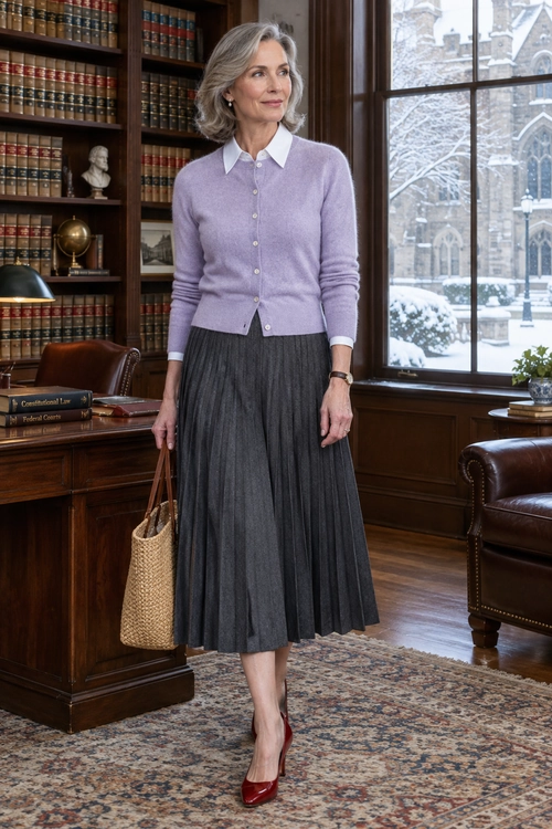 Lilac Cardigan and Pleated Skirt A lilac button-front cardigan layered over a white collared shirt with a charcoal pleated midi skirt, red heels, a woven tote, and a wristwatch.