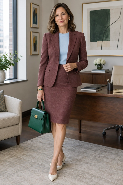 A mauve blazer and matching knee-length skirt paired with a light blue top, cream pointed-toe heels, and a structured green handbag.