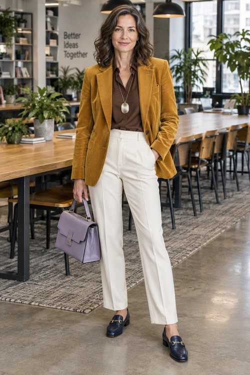 A mustard textured blazer and brown blouse are paired with cream trousers, navy loafers, a lavender handbag, and a long pendant necklace.