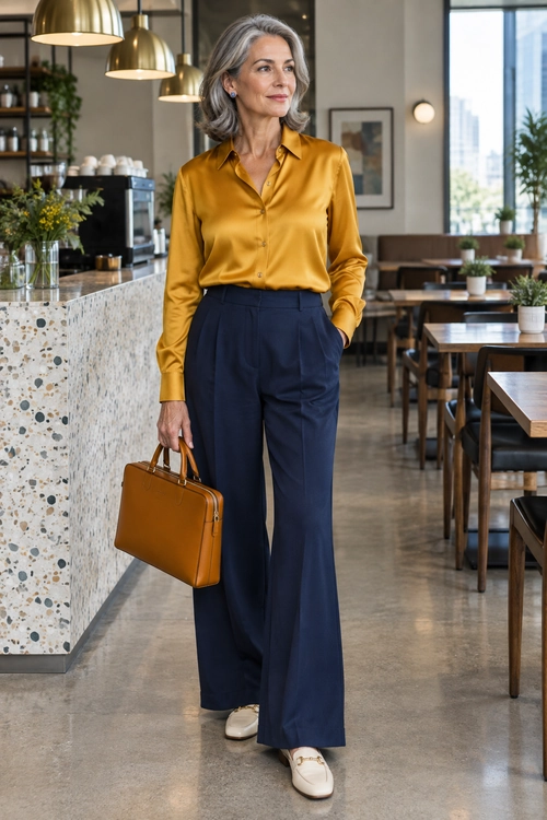 Mustard Blouse and Navy Trousers A mustard button-up blouse is tucked into navy wide-leg trousers and paired with cream loafers and a structured brown handbag.