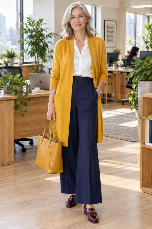 A mustard long cardigan and white blouse are paired with navy wide-leg trousers, burgundy loafers, and a matching tote.