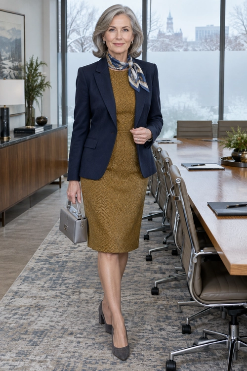 Classic Office Outfit A navy blazer and patterned scarf are worn over a mustard knee-length dress, with gray heels and a structured handbag.