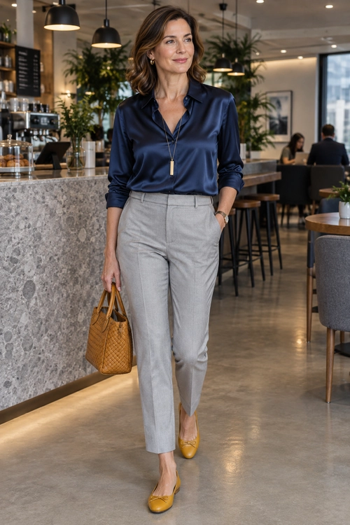 A navy satin blouse is paired with light gray ankle-length trousers, mustard flats, a pendant necklace, and a tan woven tote.
