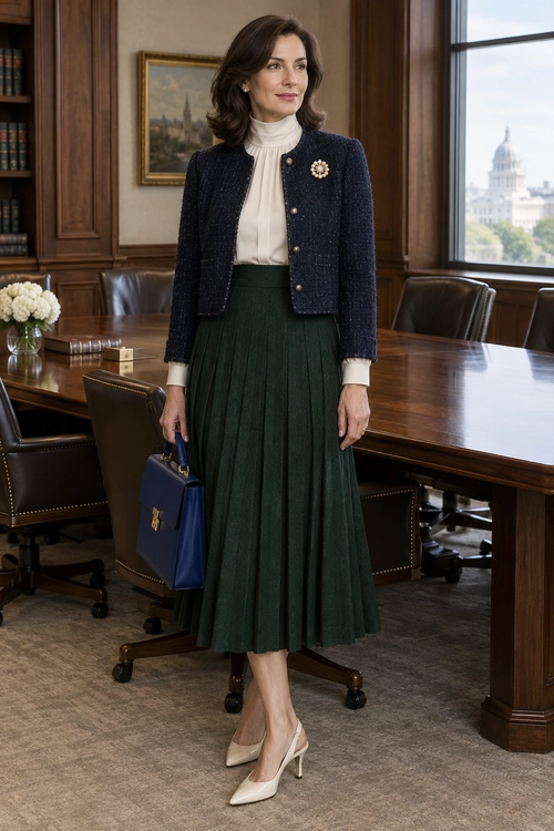 Navy Jacket and Green Pleated Skirt A navy textured jacket with a brooch is paired with an ivory high-neck blouse, dark green pleated skirt, nude pointed heels, and blue handbag.