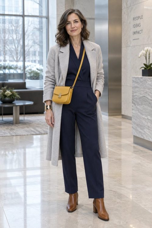 Navy Jumpsuit with a Long Coat A navy wide-leg jumpsuit layered under a long light gray coat, with a mustard yellow crossbody bag and brown ankle boots.