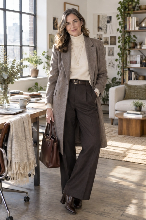 Polished Neutral Layers A woman wears a taupe long coat over a cream turtleneck and dark brown wide-leg trousers, with ankle boots and a brown leather tote.