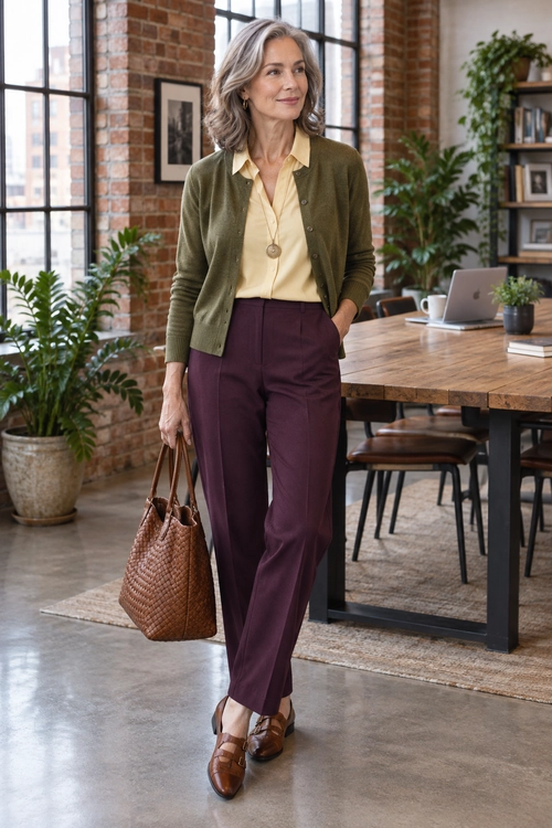 Olive Cardigan and Plum Trousers An olive cardigan layered over a pale yellow blouse with plum trousers, brown leather shoes, a woven tote, and a pendant necklace.