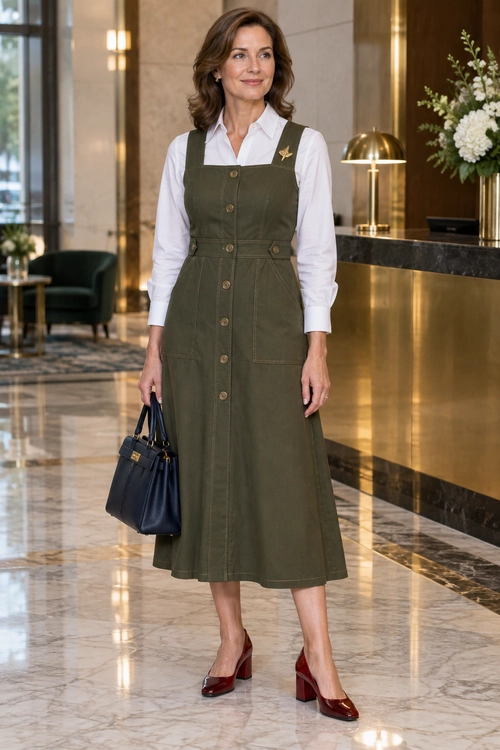 An olive button-front pinafore dress is layered over a white blouse and paired with burgundy pumps and a navy handbag.