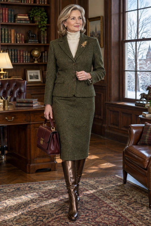 Olive Tweed Suit with Knee-High Boots An olive tweed blazer and matching skirt paired with a cream turtleneck, brown knee-high boots, a burgundy handbag, and a gold brooch.
