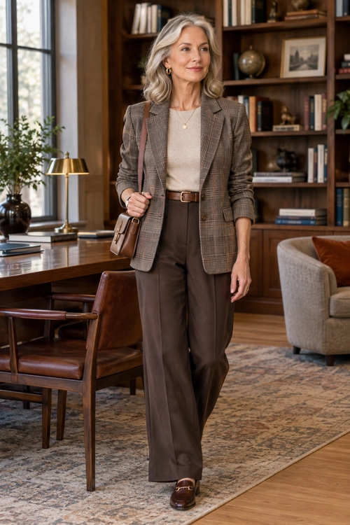 Plaid Blazer and Brown Trousers A woman wears a brown plaid blazer over a beige top with brown trousers, a belt, loafers, and a small shoulder bag.