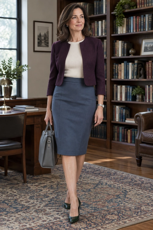A plum blazer and cream knit top are paired with a blue-gray pencil skirt, dark green heels, and a gray handbag.