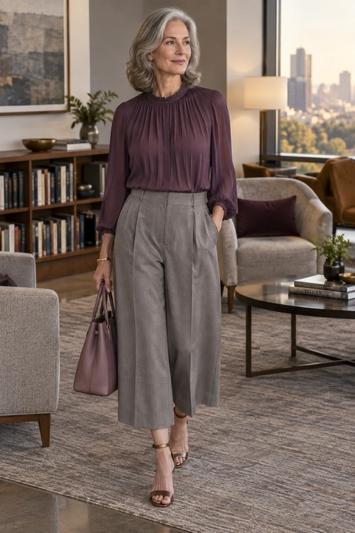A plum long-sleeve blouse tucked into gray wide-leg trousers, styled with strappy heels and a mauve handbag.