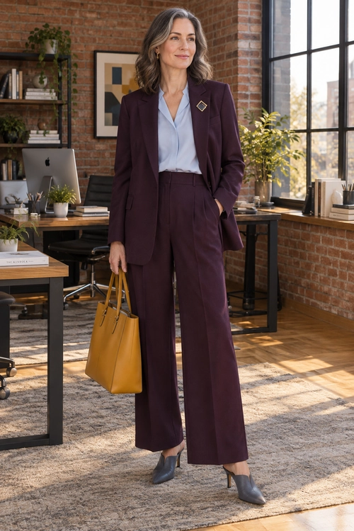 A plum blazer and wide-leg trousers are styled with a light blue blouse, gray heels, and a mustard yellow tote.