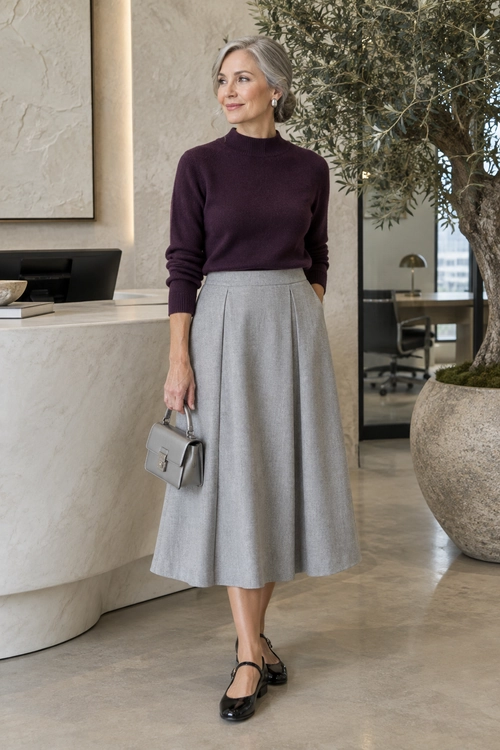 Plum Sweater and Gray Midi Skirt A plum long-sleeve sweater is paired with a gray midi skirt, black Mary Jane flats, and a small silver handbag.