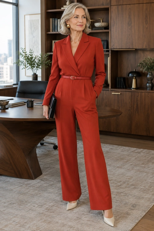 Red Belted Jumpsuit A woman wears a red belted wide-leg jumpsuit with white pointed-toe heels, gold hoop earrings, and a black clutch.