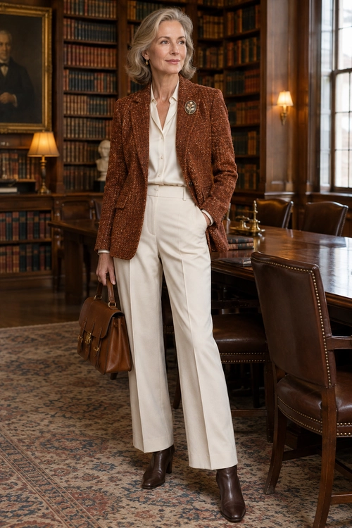 A woman wears a rust textured blazer over an ivory blouse with cream wide-leg trousers, brown ankle boots, and a brown leather handbag.