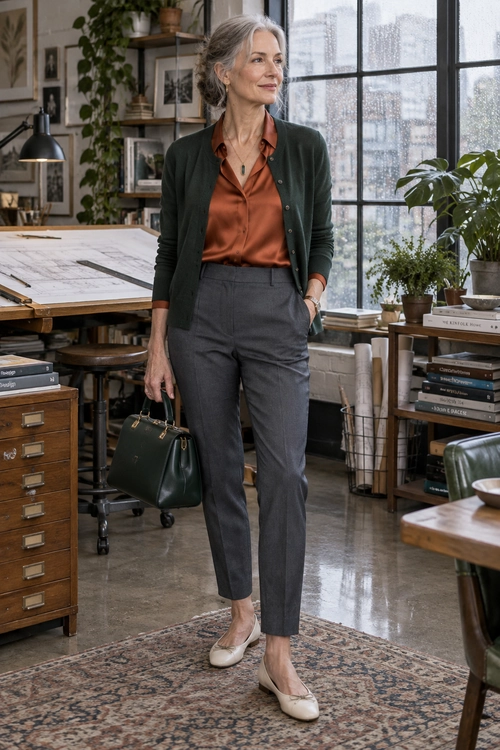 Rust Blouse and Green Cardigan A rust-colored blouse and dark green cardigan are paired with charcoal trousers, cream flats, and a dark green handbag.