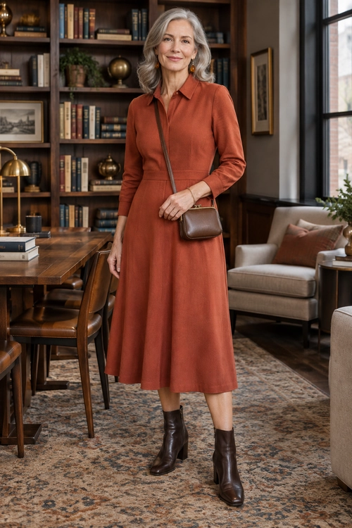 Rust Shirt Dress with Ankle Boots A rust-colored midi shirt dress is styled with dark brown ankle boots and a small brown crossbody bag.