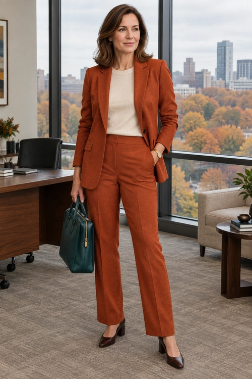 A rust-colored blazer and trousers are paired with a cream knit top, dark brown heels, and a teal handbag.