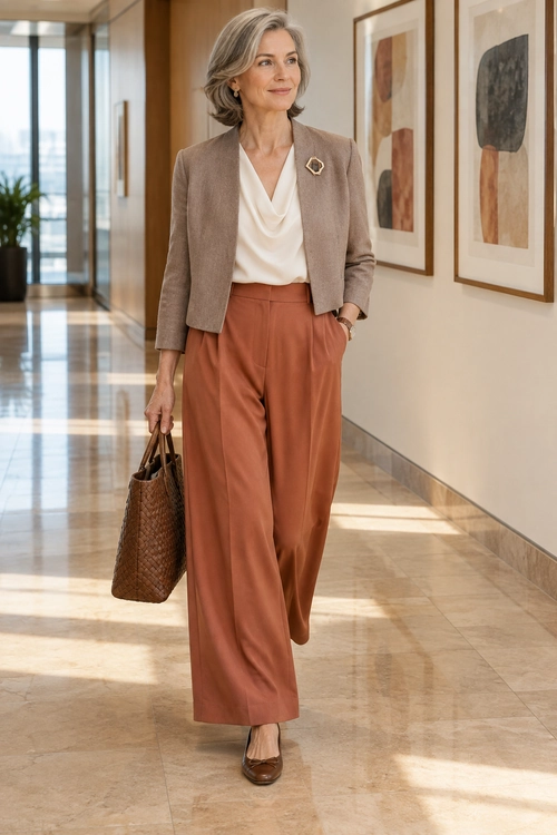 Polished Neutral Workwear A taupe cropped blazer and ivory draped blouse paired with rust wide-leg trousers, brown flats, and a woven tote.