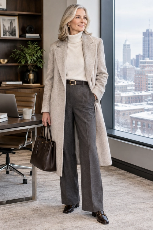 Polished Coat and Trousers A light taupe long coat and cream turtleneck are paired with charcoal wide-leg trousers, dark loafers, and a brown tote.