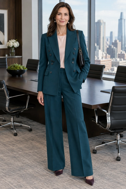 A teal double-breasted blazer and wide-leg trousers are styled with a pale pink top, burgundy heels, and a black shoulder bag.