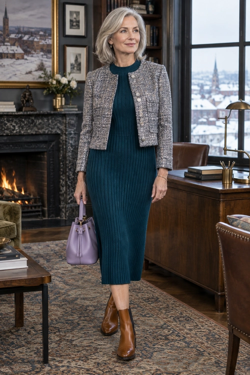 Teal Dress with Tweed Jacket A teal ribbed midi dress is layered with a cropped tweed jacket and brown ankle boots, with a lilac handbag.