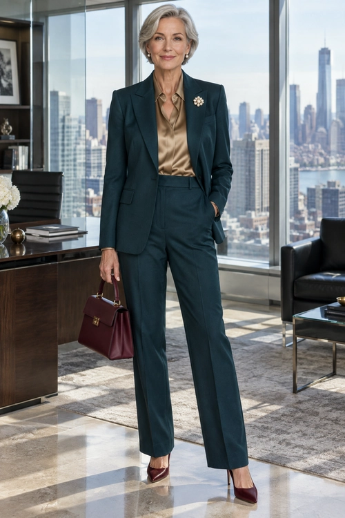 Polished Teal Pantsuit A deep teal blazer and matching trousers are styled with a champagne satin blouse, burgundy heels, a matching handbag, and a floral brooch.
