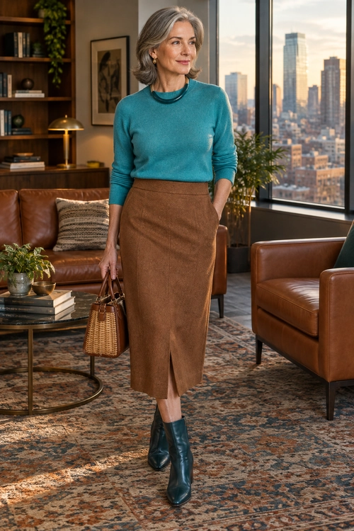 Teal Sweater and Brown Skirt A teal knit sweater tucked into a brown midi skirt, paired with dark ankle boots and a woven handbag.