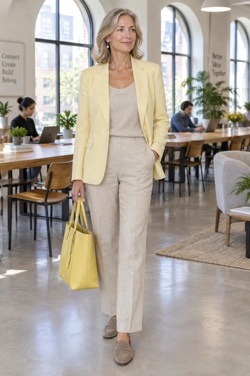 A pale yellow blazer is worn over a beige sleeveless top and matching trousers, with taupe loafers and a yellow tote bag.