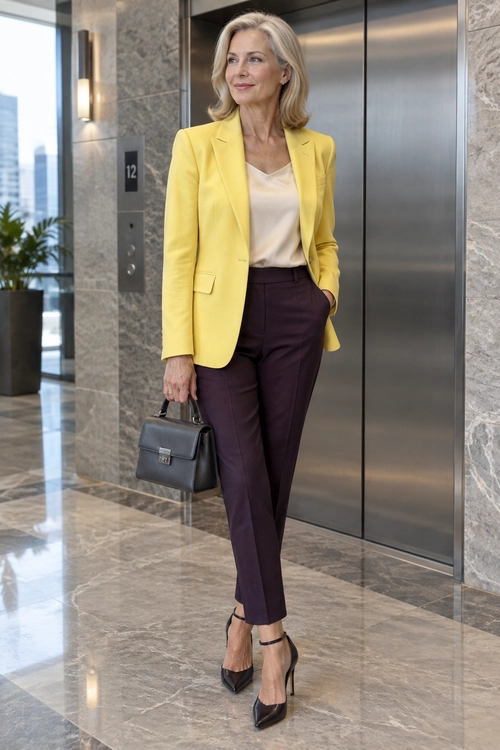Yellow Blazer and Plum Trousers A yellow blazer and ivory blouse paired with plum trousers, black ankle-strap heels, and a structured black handbag.