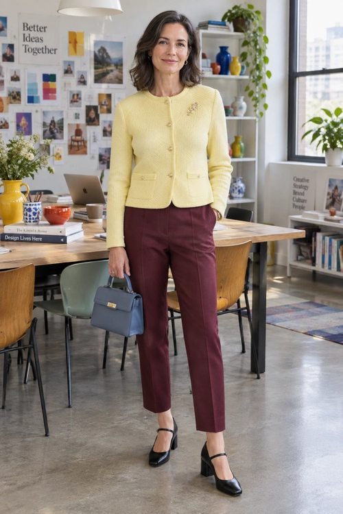 A pale yellow button-front cardigan is paired with burgundy cropped trousers, black Mary Jane heels, and a blue handbag.